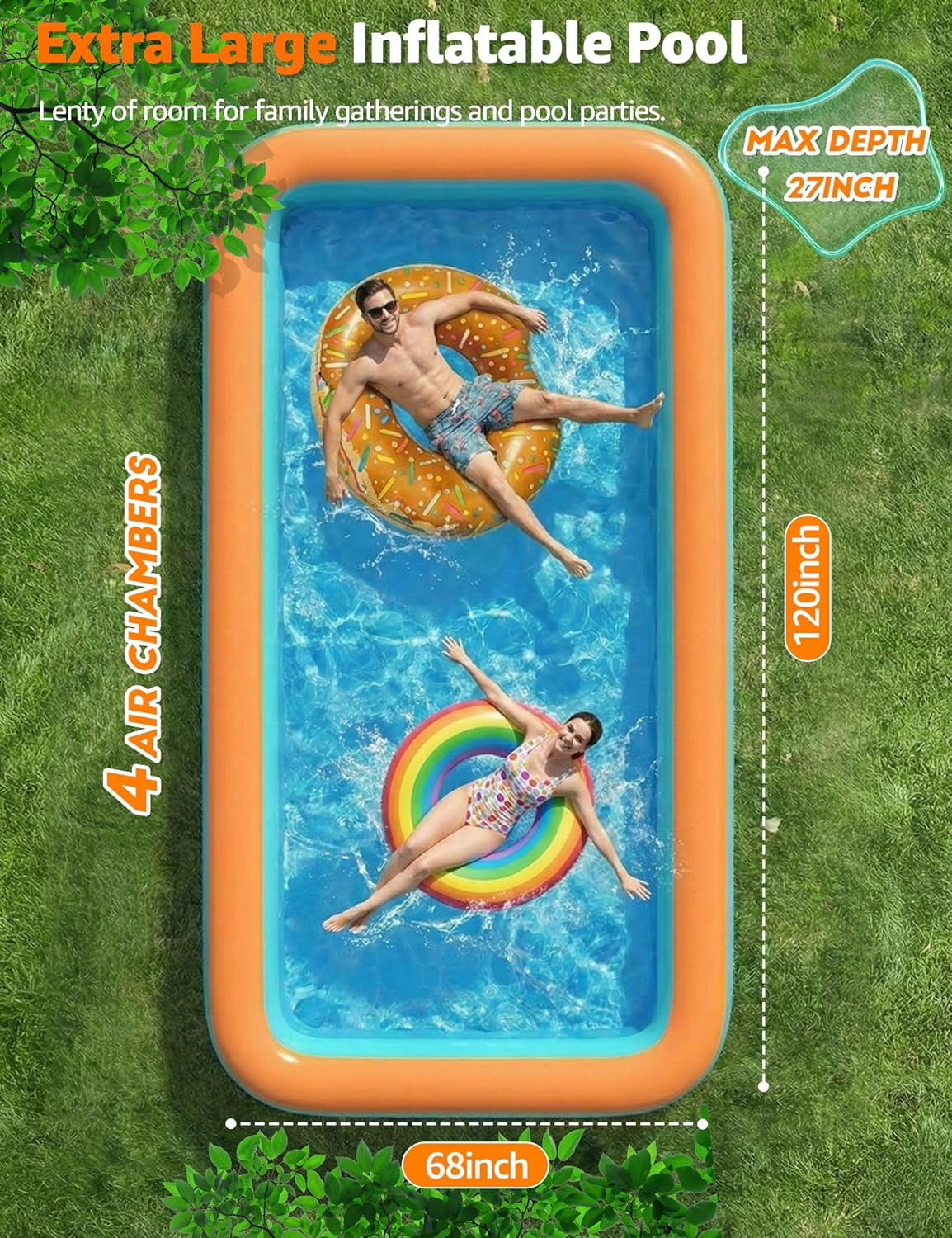 Inflatable Pool for Kids & Family, 4-Layer Thickened Blow Up Pool (Stronger Than 3-Layer), 0.32mm Heavy Duty PVC, Durable Swimming Pool for Adults, Kids & Pets Backyard Summer Blue