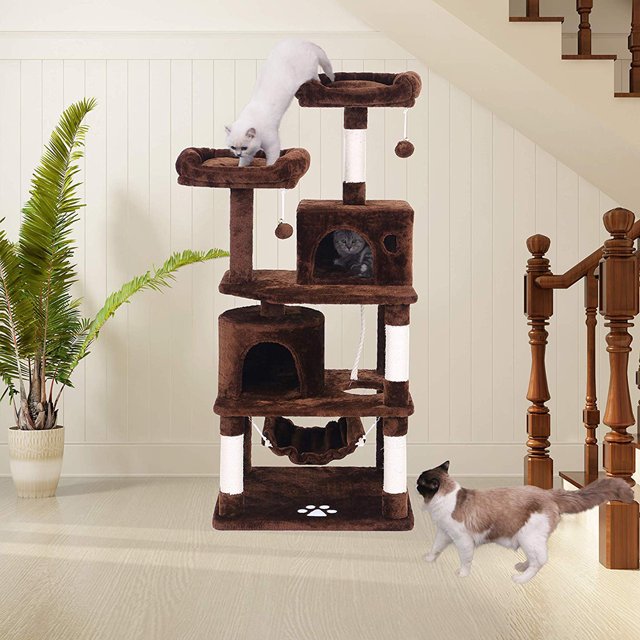 Topcobe 57.1" Multi-Level Cat Tree, Cat Tower, Car Activity Centre Cat Condo with Sisal-Covered Scratcher Slope, Scratching Posts, Plush Perches, Brown
