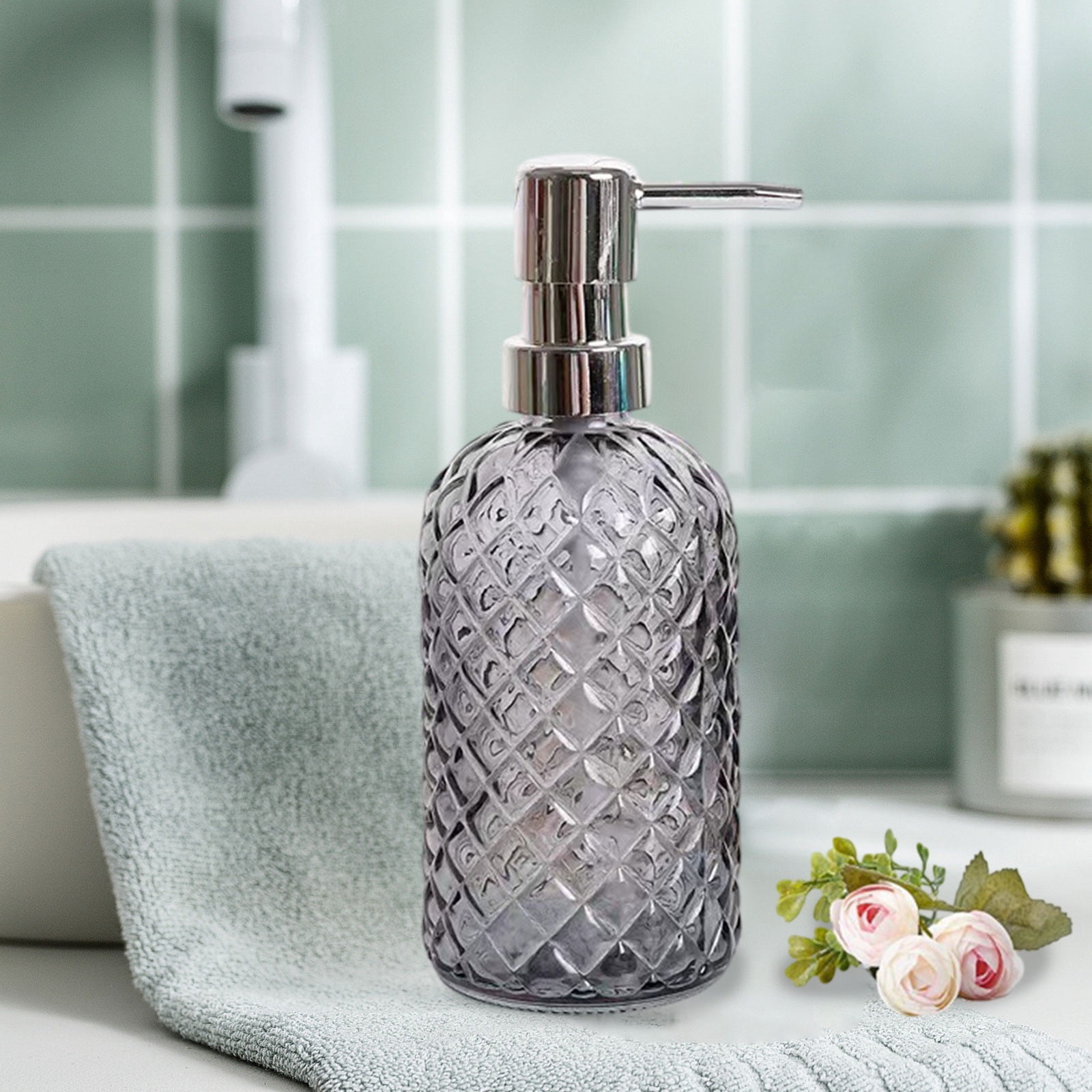 Foaming Soap Dispenser, Glass Hand Soap Bottle with Foam Pump, Gray 037, Refillable Dispenser for Bathroom Sink, Kitchen Counter, Shower , and Body Wash (2 Pcs)