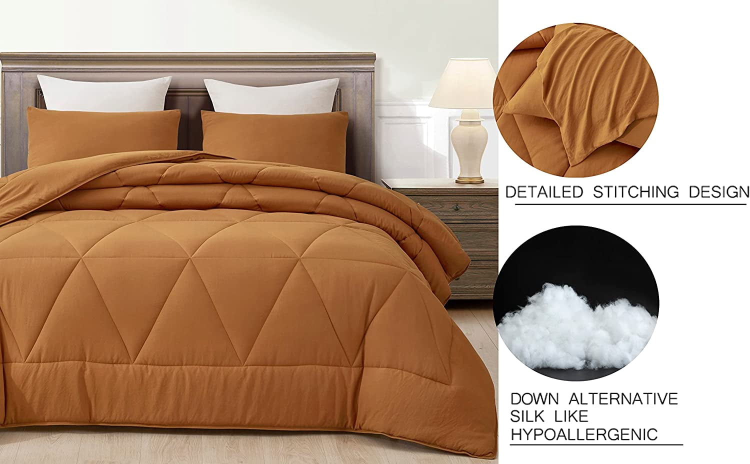 Chezmoi Collection Rory Spice Orange Comforter Set Full Size 3-Piece Fluffy Soft Lightweight Bedding Triangle Quilted Stone-Washed Microfiber Comforter Set for All Season