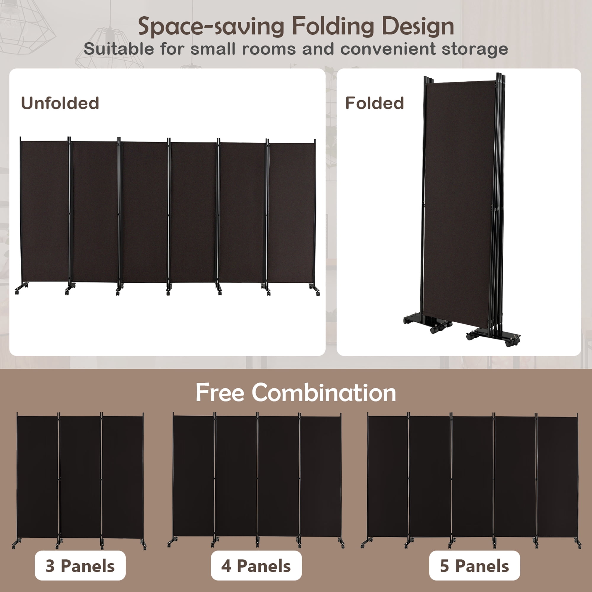 Costway 6-Panel Folding Room Divider 6FT Rolling Privacy Screen with Lockable Wheels Brown