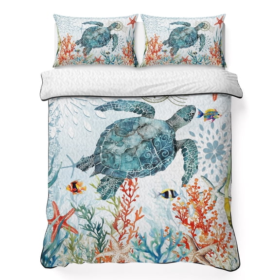 Queen Quilt - Soft Microfiber Summer Quilt with 2 Pillow Shams, Coastal Turtle Lightweight Breathable Bedding Comforter Sets, Summer Beach Nautical Coral Starfish Quilted Bedspread for All Season