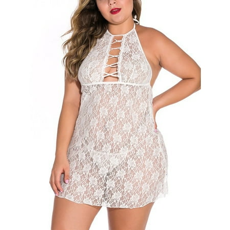 

Voguele Ladies Lingerie Halter Neck Chemise Plus Size Backless Nightwear Lace Women With Thong Crotchless Mini Oversize White 2XL