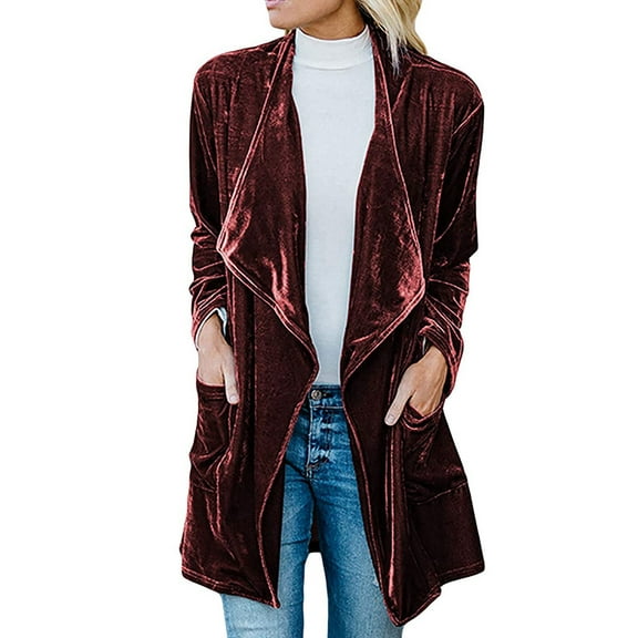 Women'S Solid Long Sleeve Velvet Jacket Open Front Cardigan Coat with Pockets Outerwear Wine Red XL