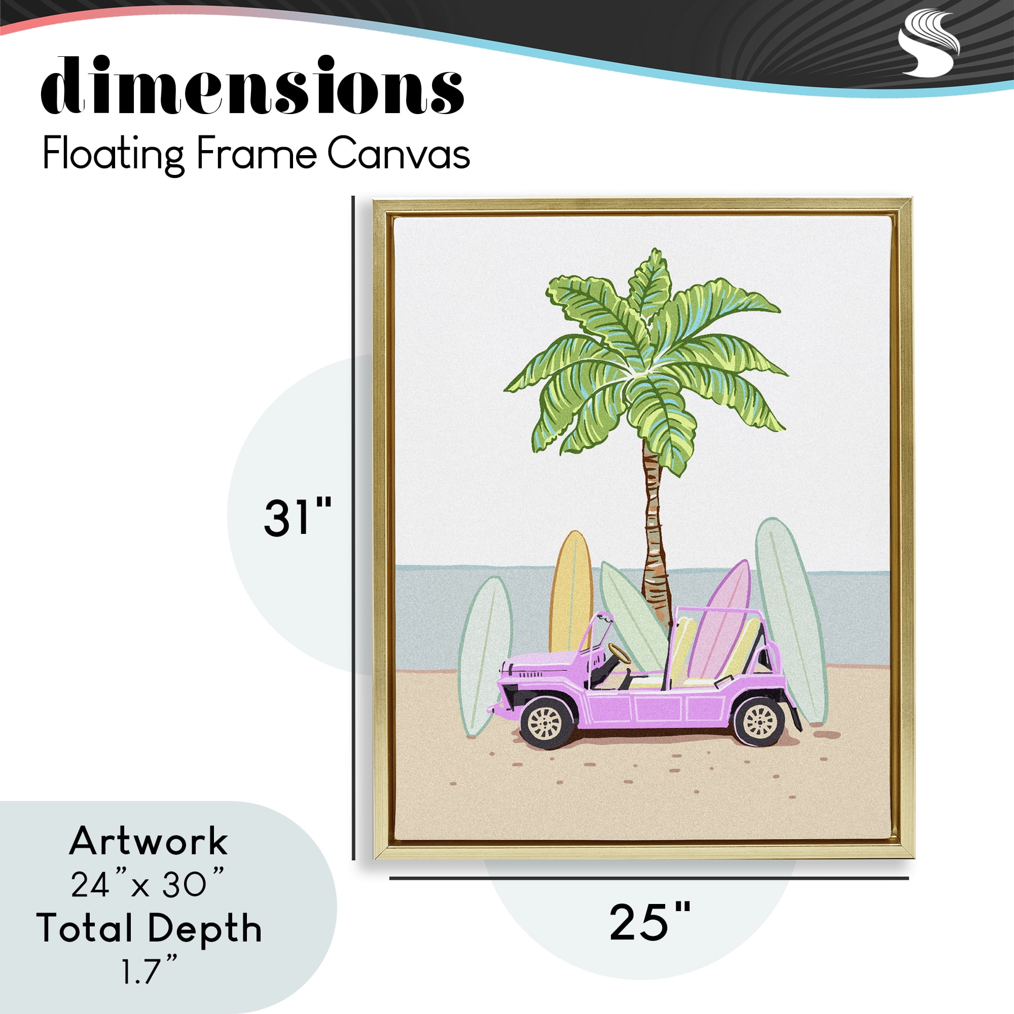 Surfboard Filled Car Gold Framed Floater Canvas Wall Art, design by Ziwei Li