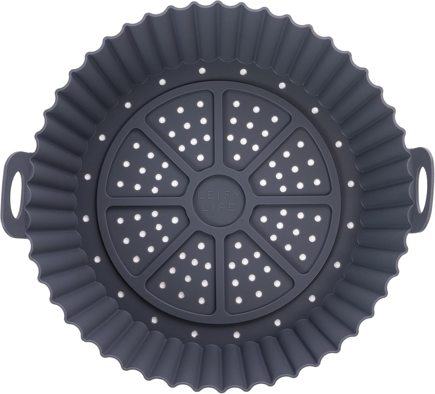 JJEAN-2 Pack Silicone Round Air Fryer Basket Liner Tray With Handles & Holes, 360° Circulation, Washable, Food Safe, BPA Free, Replace Parchment Paper, Easy Cleaning (Gray & Yellow, >6.8QT)