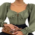 thumbnail image 4 of Women Crop Tops  Long Sleeve Ruffled Drawstring Casual Party Street Spring Summer Shirt, 4 of 6