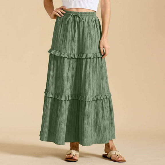 Pleated Skirts for Women Elastic Waist Drawstring Tiered A-Line Maxi Skirt Lightweight Casual Party Travel Beach Skirt
