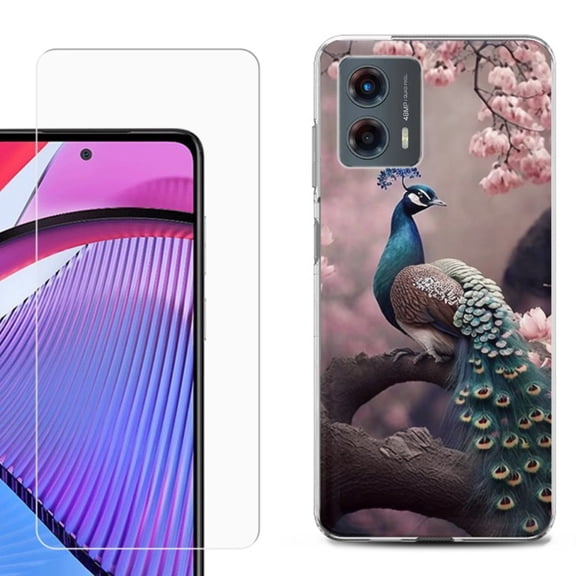OneToughShield ® Compatible with Motorola Moto G 5G 2023, Shockproof Phone Case, with Tempered Glass Screen Protector - Peacock Flower