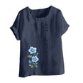 thumbnail image 4 of Staron Liquidation Chemises d'Été pour Femmes Manches Courtes Retroussables Chemises Tendance Grande Taille Coton Lin Ample Imprimé Floral Hauts Tunique Décontractée d'Été Col Rond T-Shirts, 4 of 4