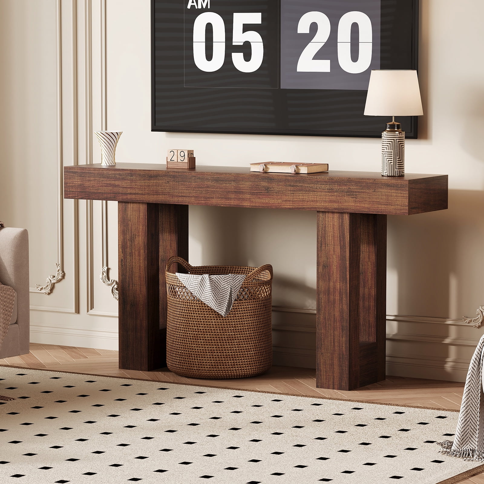 63 Inch Extra Long Console Table with Outlets Charging Station, Narrow Entryway Sofa Table Wood Foyer for Living Room Rustic