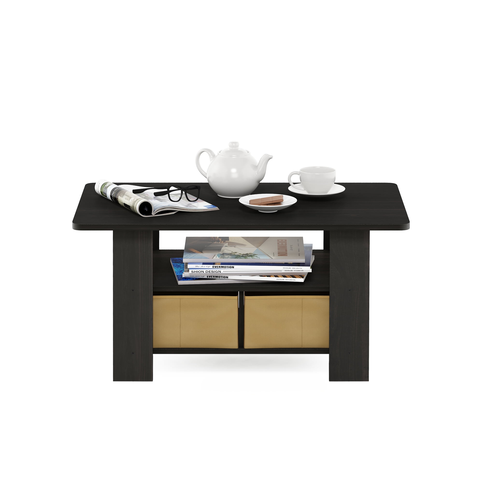 Furinno Andrey Coffee Table with Bin Drawer, Black/Beige