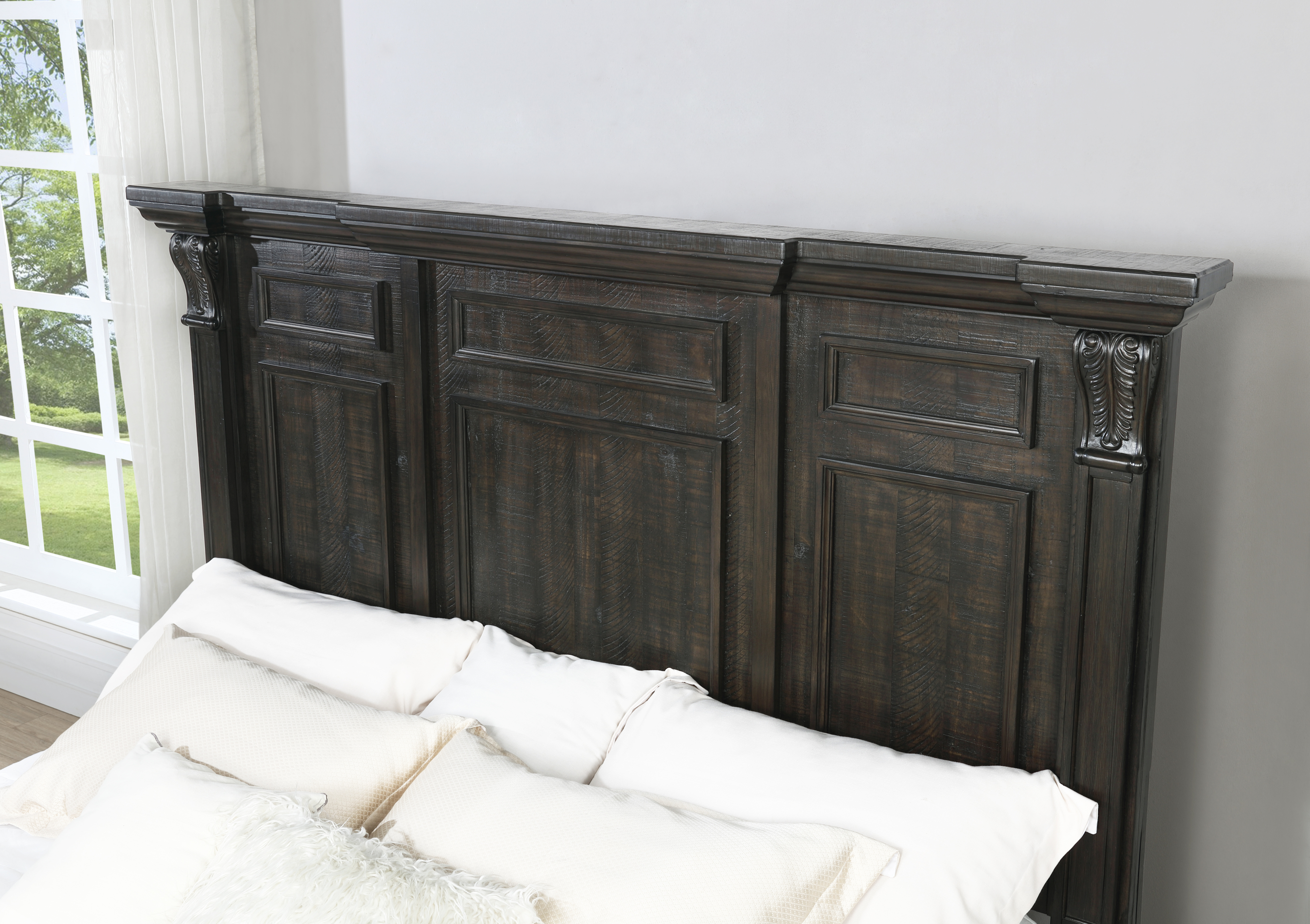 Farson Distressed Dark Walnut Finish Wood Panel Queen Bed, Dresser, Mirror, Nightstand