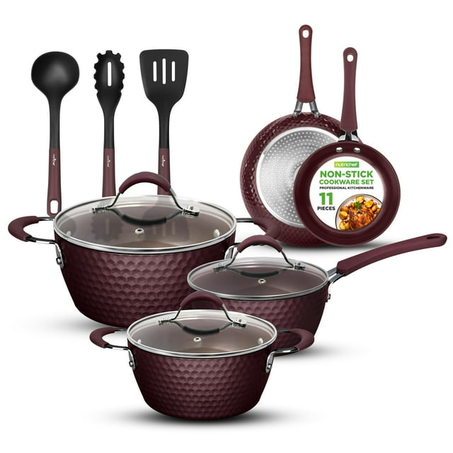 NutriChef Utensilios de cocina antiadherentes Excilon Home Kitchen Ware Juego de ollas y sartenes con cacerola, sartenes, ollas, tapas, utensilios sin PTFE/PFOA/PFOS, 11 piezas, Diamante morado, Talla