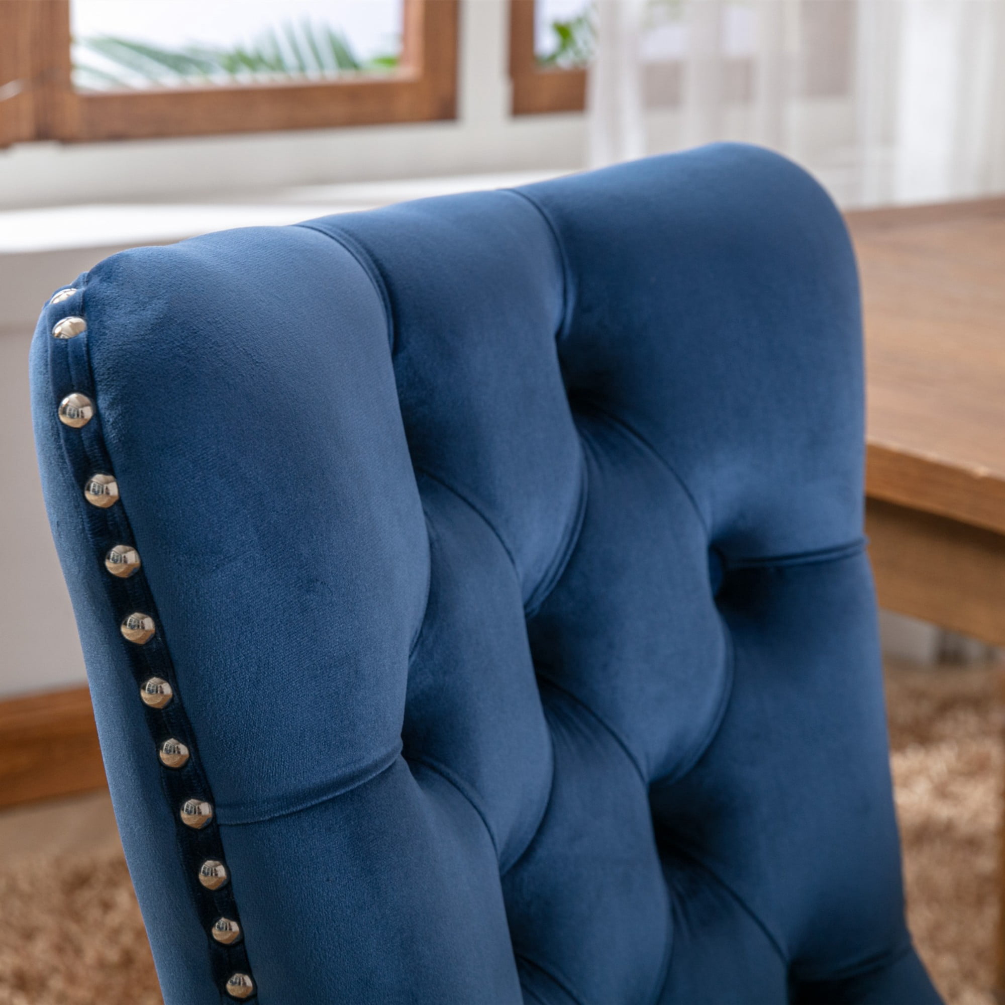 BSHTI 37.5" Velvet Upholstered Contemporary Dining Chairs Set of 2, Tufted Parson Wingback Chair with Nailhead Trim for Kitchen Dining Room(Blue)