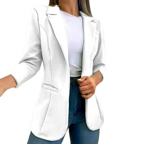 Gibobby Blazer de mujer elegante Chaquetas blazer para mujer de negocios casual de moda color sólido manga larga estilo solapa chamarra pequeña(Blanco,G)