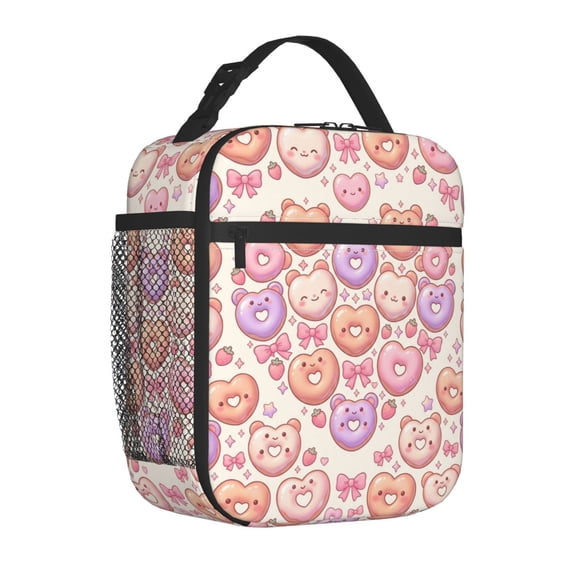 Donut Lunch Bag Insulated Reusable Cooler Tote Portable Meal Prep Bag Side Mesh Pocket Work Office Picnic Travel Daily Use Lightweight Zippered Organizer