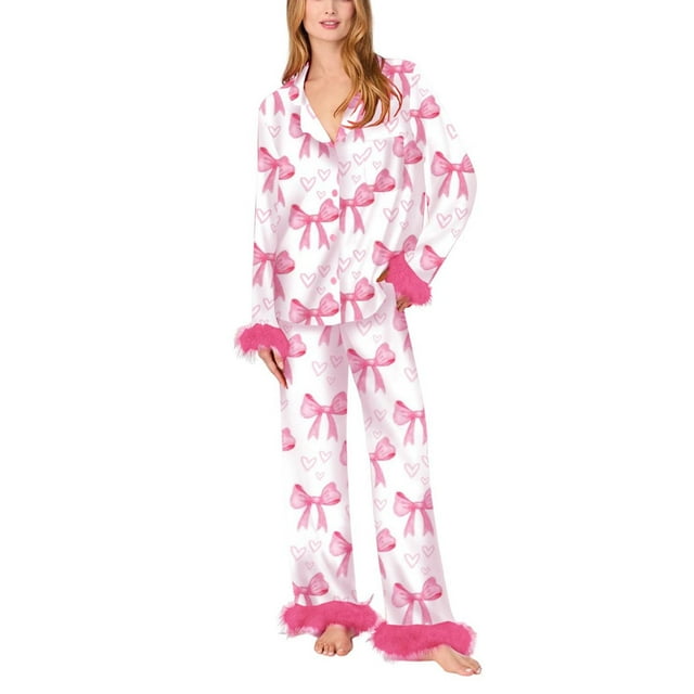 Ensemble de Pyjama pour Femmes, Ensemble de Pyjama Décontracté en Fourrure avec Nœud Imprimé