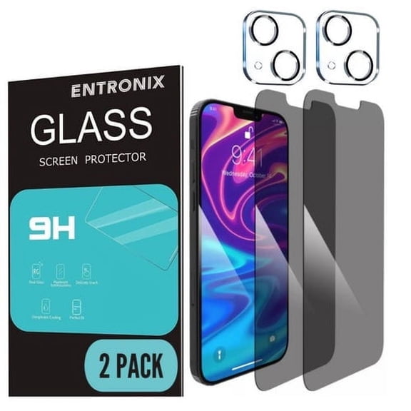 Paquete de 2 Vidrio Templado Entronix para iPhone 14, 2 Protectores de Pantalla de Privacidad y 2 Protectores de Lente de Cámara, 9H, Antiarañazos, Antiburbujas, Compatible con Fundas
