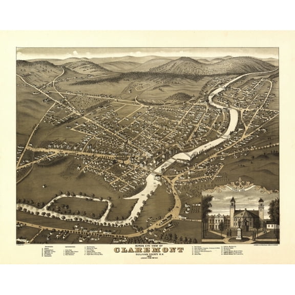 Antique Map of Claremont New Hampshire 1877 Sullivan County Canvas Art -  (24 x 36)