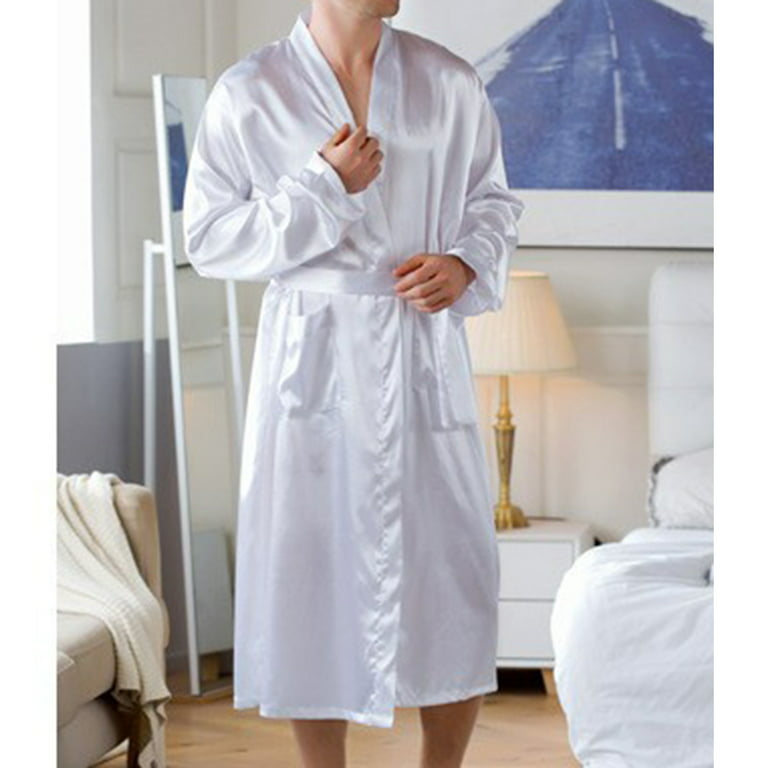 JNGSA Men's Satin Robe Kimono Bathrobe with Pockets Lightweight Soft  Loungewear Nightwear Lace-up Long Pajama Robe White XXL 