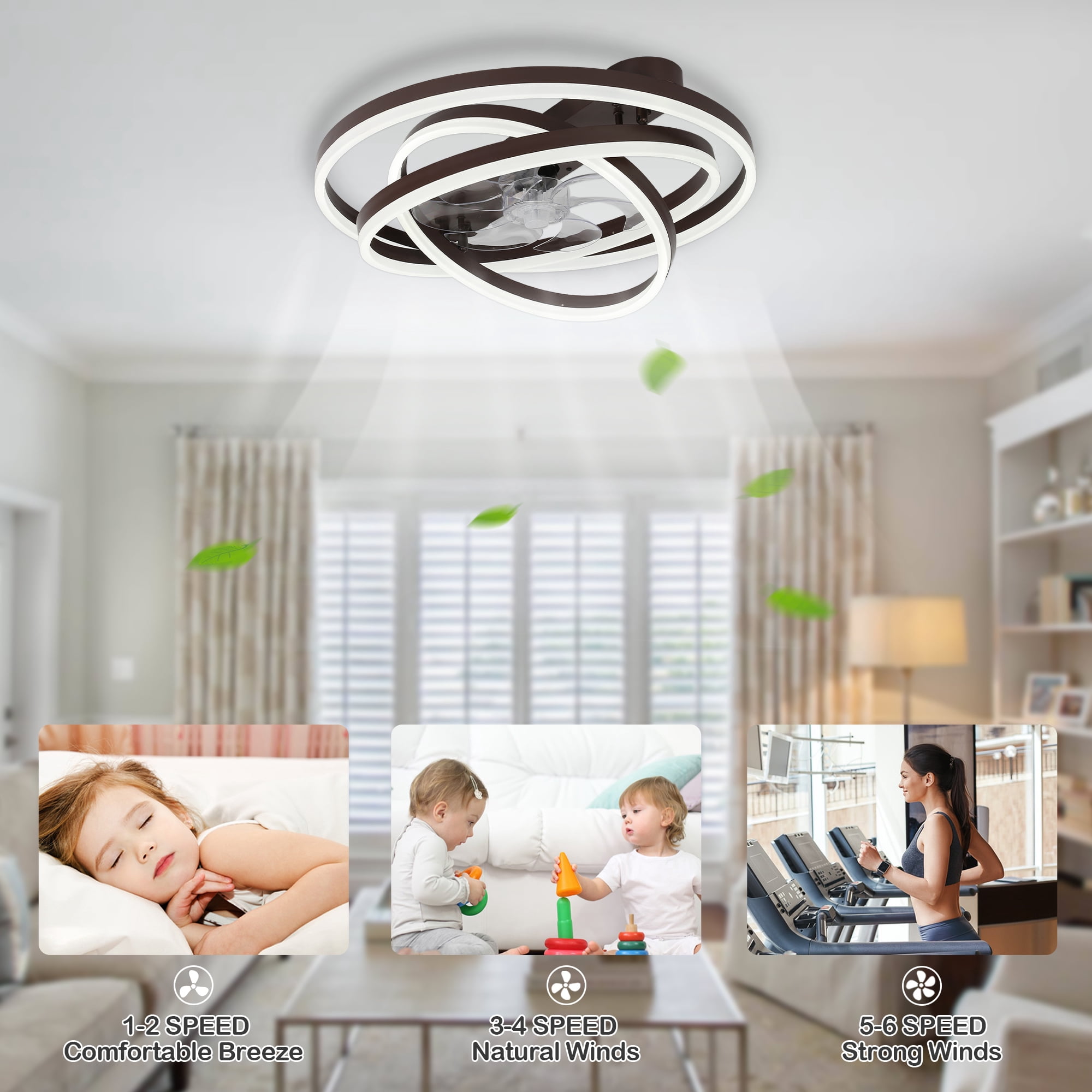24Inch Modern Coffee Indoor Reversible Ceiling Fan with Dimmable LED Light, 6-Speed DIY Shape Ceiling Fan with Remote and APP Control