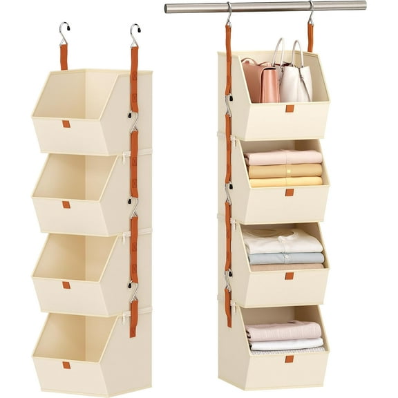 Hanging Closet Organizer 4 Tier - Clothes Hanging Shelves, Space-Saving Closet System, Fabric Storage Bins Bedroom Organization, Collapsible Baskets for Home, Dorm, Rv, Beige