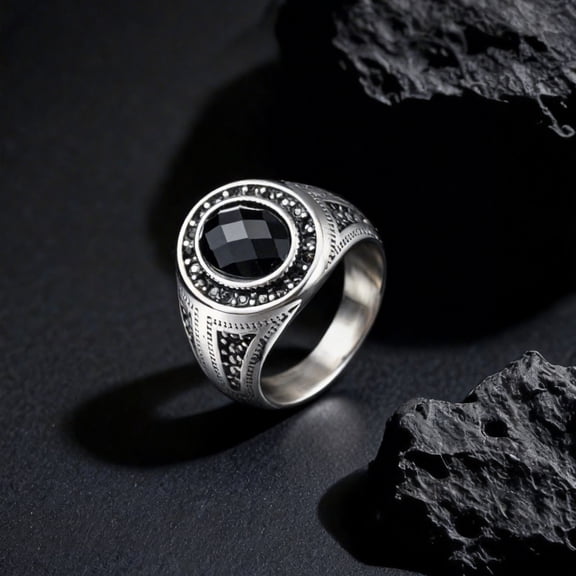 VNOX Stainless Steel Men's Ring, Oval Faceted Black Glass Silver Band, Anniversary Gift