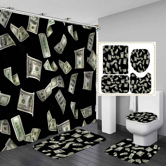 4PCS/Set Money Shower Curtain Sets , Hundred US Dollar Bills Cash Benjamin Franklin Funny Luxury Modern Bathroom Decor, Waterproof Fabric Shower Curtain, Non-Slip Bath Mat Toilet Rug, 100 Dollars