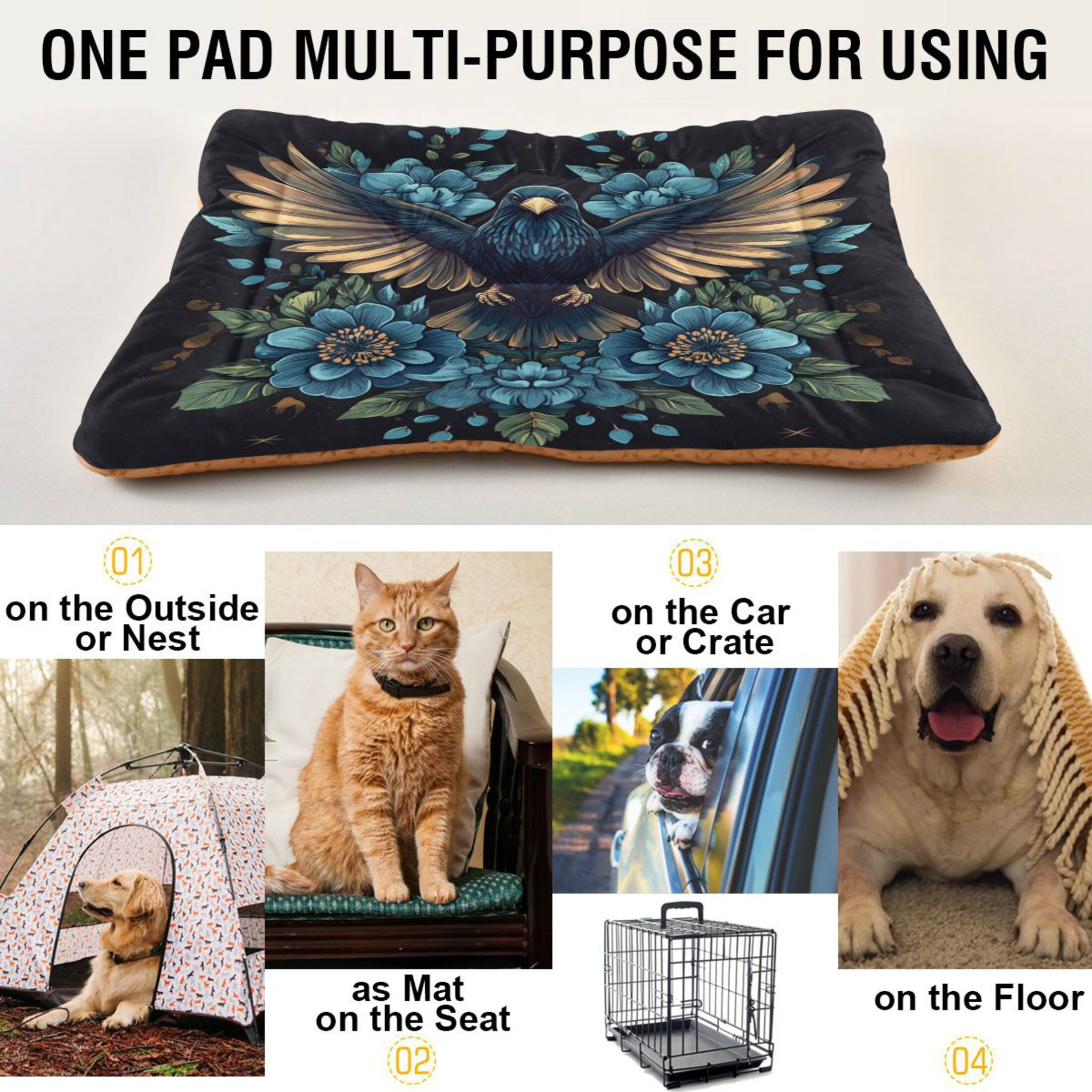 Qxltty Golden Winged Crow Pattern Ped Pad Wear-resistant and Hard to Bite Through Sleeping Pad for Small Medium Large Dogs Winter Pet Bed 36×24in