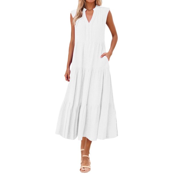 Vestido fluido con cuello en V y corte en A para mujer - Ligero, ideal para la playa o el brunch, poliéster y spandex, tallas S-XXXL