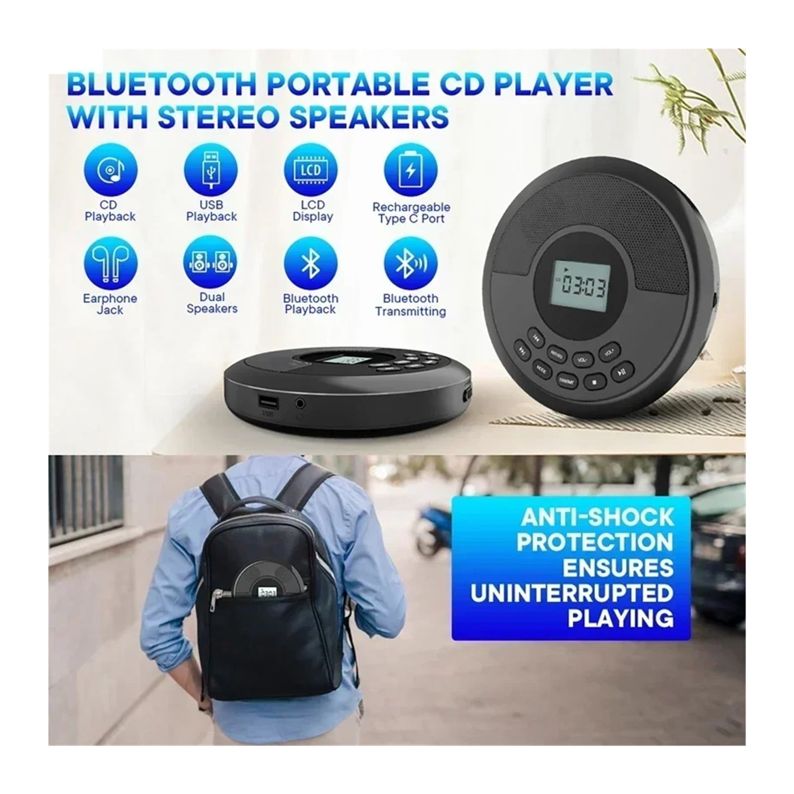 Bluetooth CD Player Portable Rechargeable with Speakers & Headphones Walkman MP3 Player