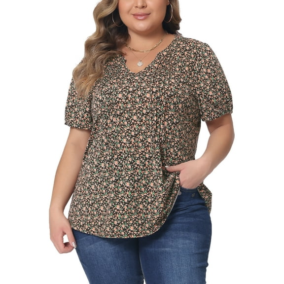 Agnes Orinda Women's Plus Size Floral Printed Tops Notched V Neck Short Sleeves Casual Summer Blouses 1X Brown