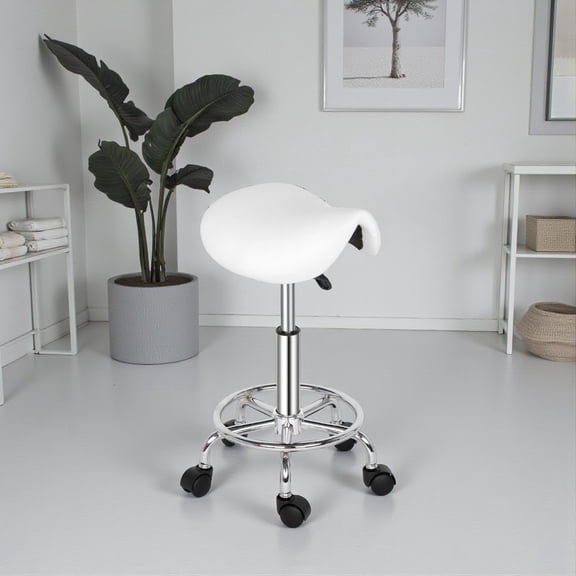Tcbosik Saddle Stool, Swivel Saddle Stool with Wheels, Adjustable Rolling Stool 20"-25.6", PU Leather Rolling Stool for Salon, Massage, Clinic, Lab, Office (White)