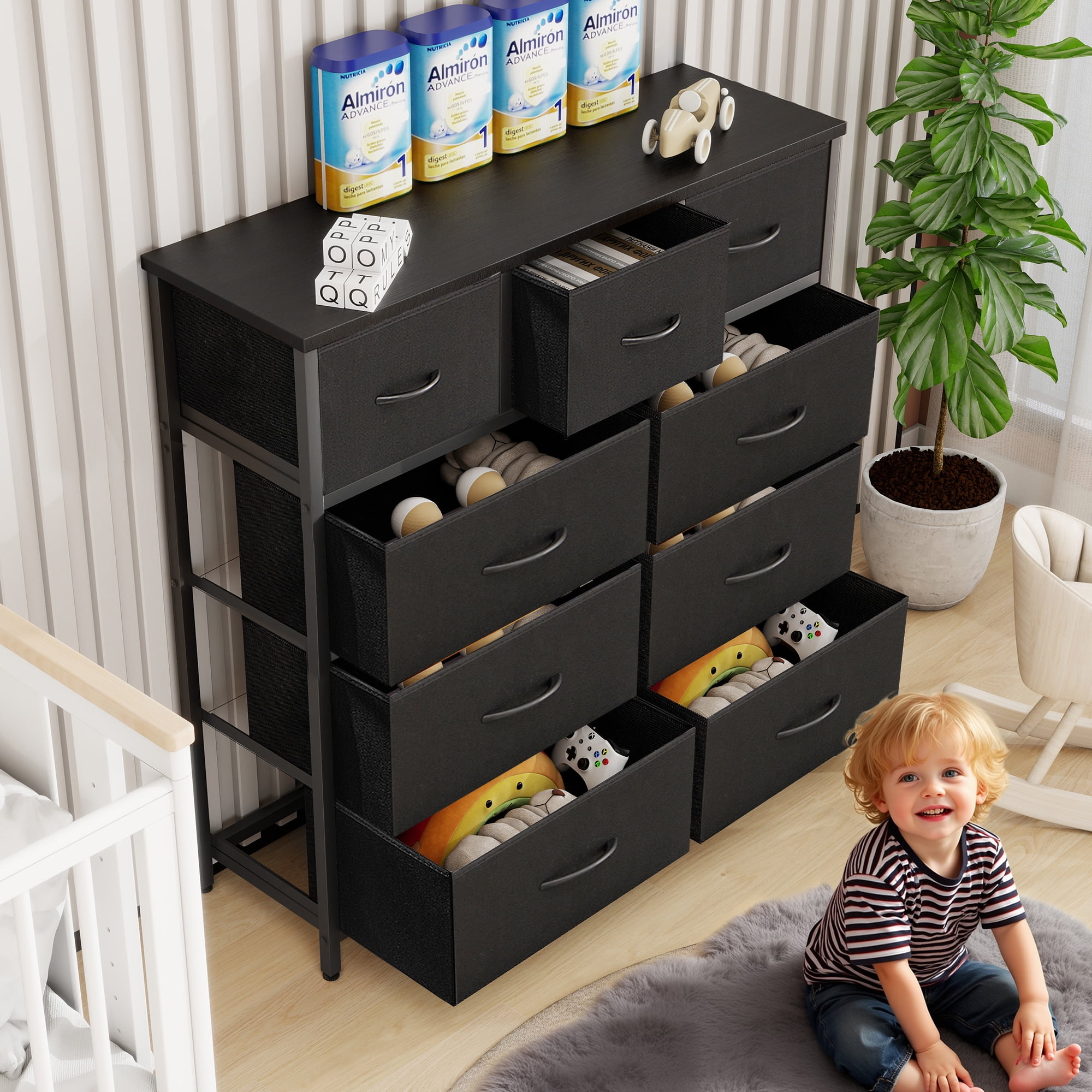 Nextay 9-Drawer Fabric Dresser for Bedroom, Storage Dresser Closet with Steel Frame & Wooden Top for Living Room, Dressing Room, Entryway, Black