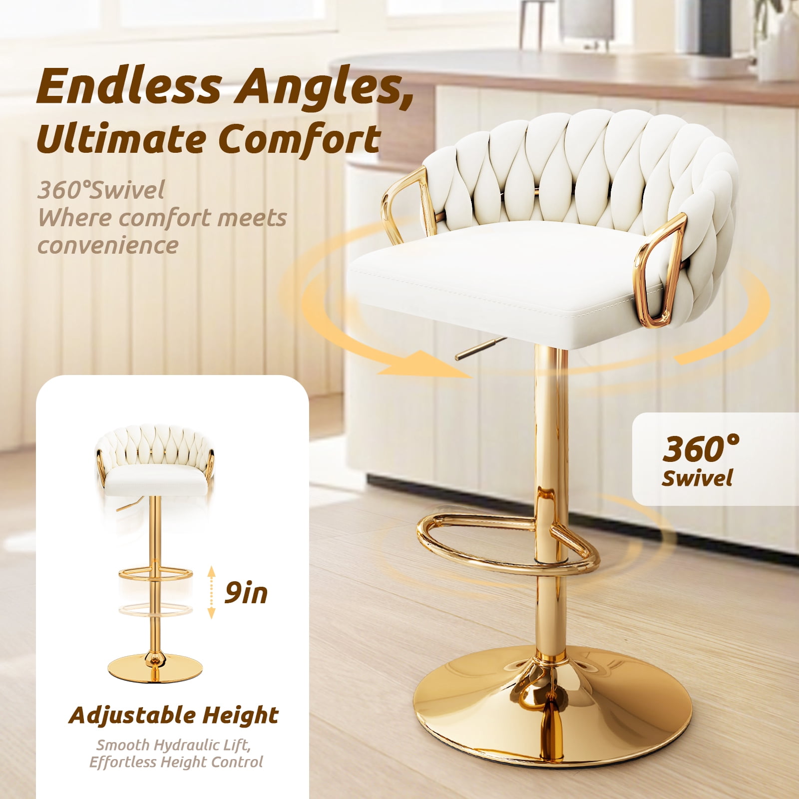 Lessmore Luxury Velvet Swivel Bar Stool Set of 4 - Adjustable Height, Beige, Gold Base