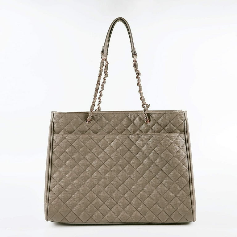 Women s Large Travel Tote Quilted Purse and Work Laptop Handbag Rose Gold Hardware With Satin Interior Tan