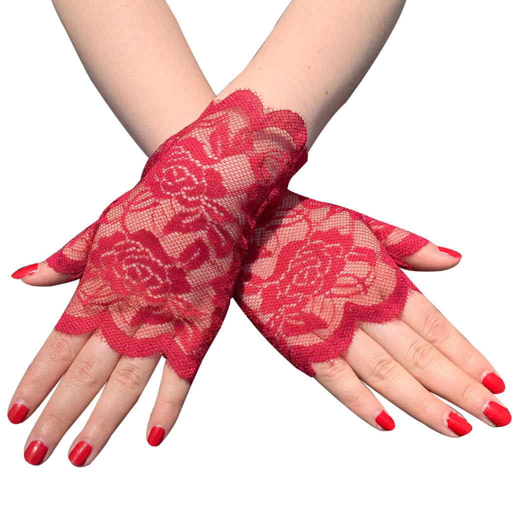 Women Summer Floral Lace Full Finger Gloves Wedding Party Short Driving Gloves 