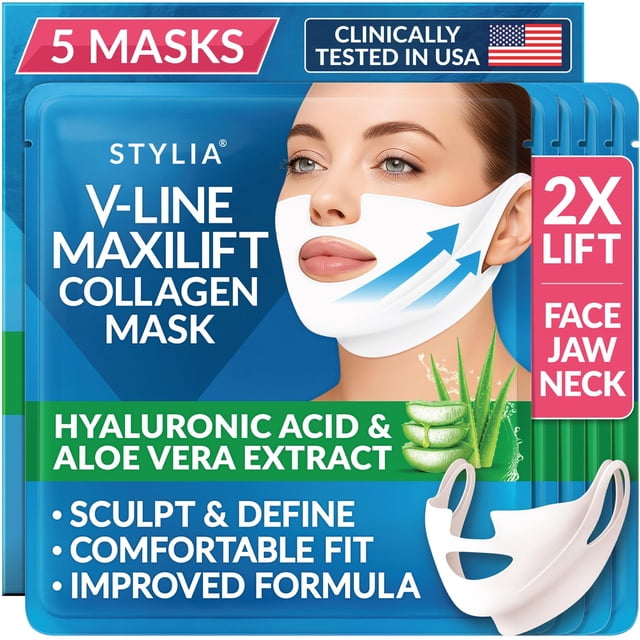 Mascarilla Facial Stylia MaxiLift V-Line con Colágeno, 5 piezas
