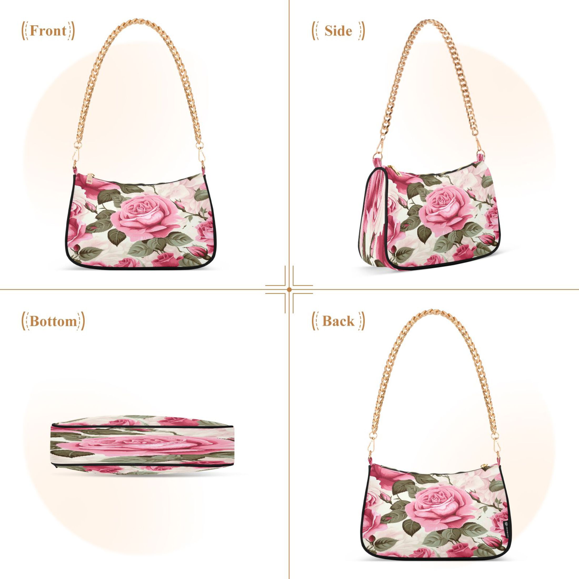 Ryvnso Roses Flower Womens Chain Shoulder Bag Tote Handbags Clutch Hobo Purse with Zipper for Travel