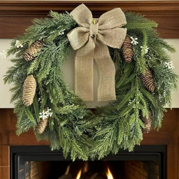 Christmas Wreath Rustic Vintage Norfolk Pine Christmas Wreath - 20 Inch Artificial Greenery Faux Cedar Wreaths Pine Cones and Ribbon Bow for Xmas Decor Indoor Outdoor Window Wall Decoration