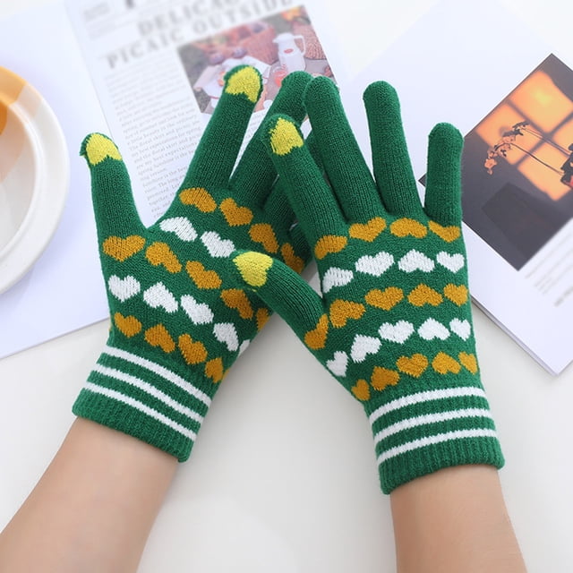 Women Can Enable Screen Gloves Warm Stretch Knitted Gloves Mittens Winter Keep Warm Knitting Heart Printing Golves Students Outdoor Riding Hiking Mittens