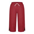 thumbnail image 5 of Ihhxva Women's Linen Pants Elastic Waist Straight Leg 3/4 Length Solid Color with Pockets Button Detail Side Slit Casual Summer Trousers - Red S, 5 of 6