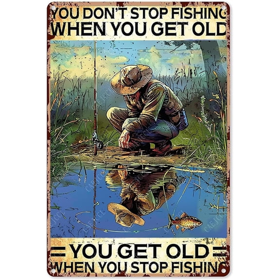 Vintage Fishing Metal Sign Retro Aluminum Wall Decor for Home Kitchen Bar Cafe 8 x 12 Inch