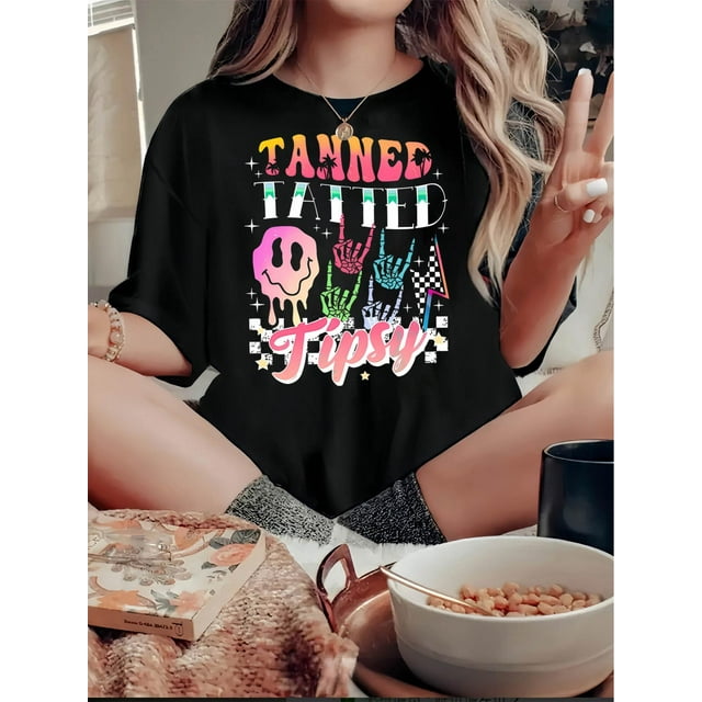 Women's Trendy joyful Skull Graphic Tee - Casual Crew Neck Short Sleeve, Stretchy Polyester Blend, Machine Washable - Perfect for Summer