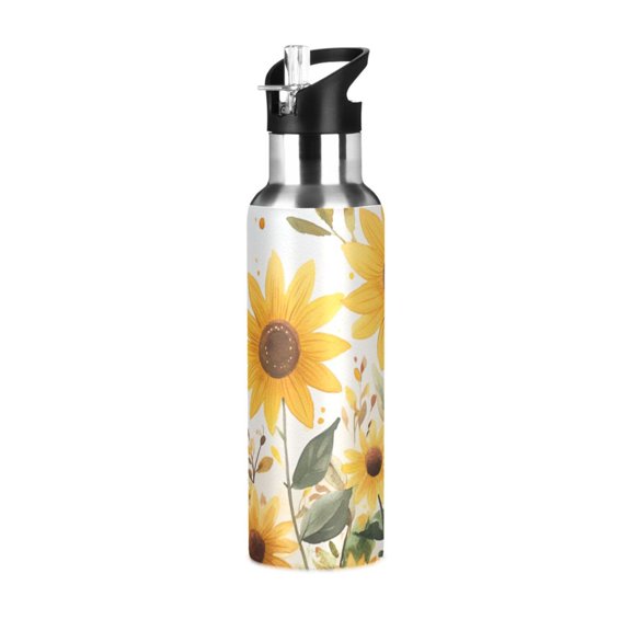 Yayeee 20oz Insulated Water Bottle Double Wall Stainless Steel with Flip Straw Lid, Beige Sunflowers