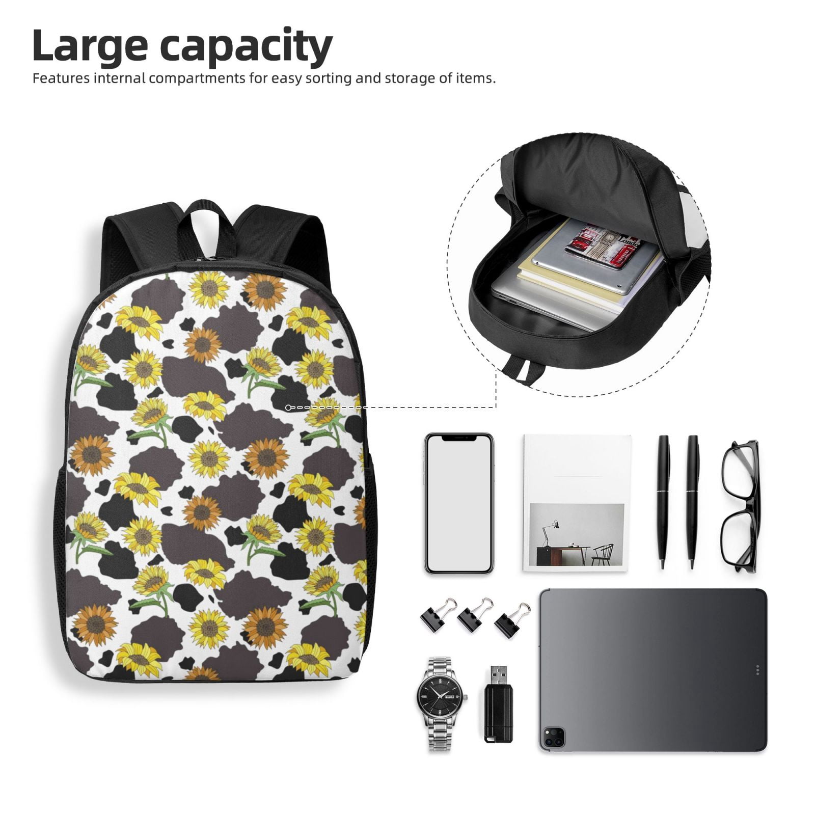 Xecao Black Cow Sunflowers print Travel Backpack, Large Computer Backpack for Men Women, College School Rucksack Book Bag