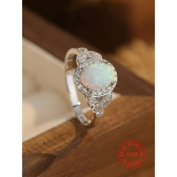 LINXIQIN S925 Sterling Silver Opal Decorated Ring, 2025 New Style Fashion Accessories for Women , Trendy All-match & Exquisite Engagement Ring for Birthday Gift
