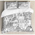thumbnail image 1 of Sketchy Duvet Cover Set King Size, Cartoon Design House Village with Stripes Hand Drawn Images Artwork Print, Decorative 3 Piece Bedding Set with 2 Pillow Shams, Black and White, by Ambesonne, 1 of 3