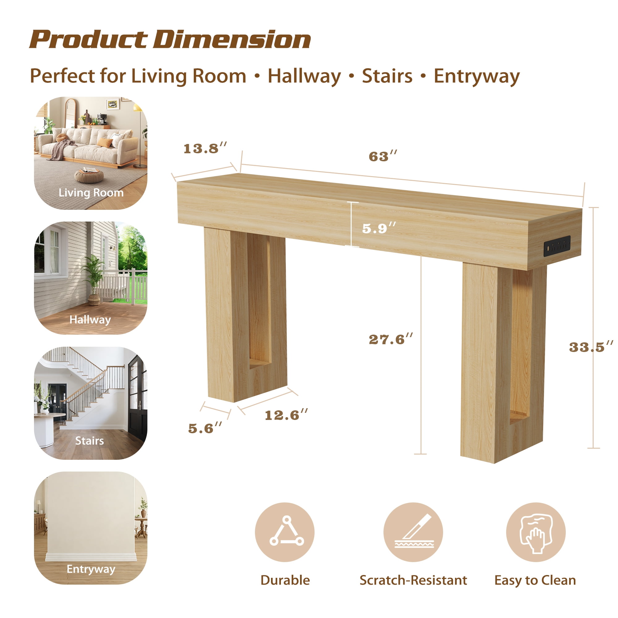 Haverchair 63 Inch Long Console Table with Outlets and USB Ports, Wooden Sofa Table Behind Couch with LED Lights, Farmhouse Rectangular Entryway Accent Table for Living Room, Hallway, Entrance